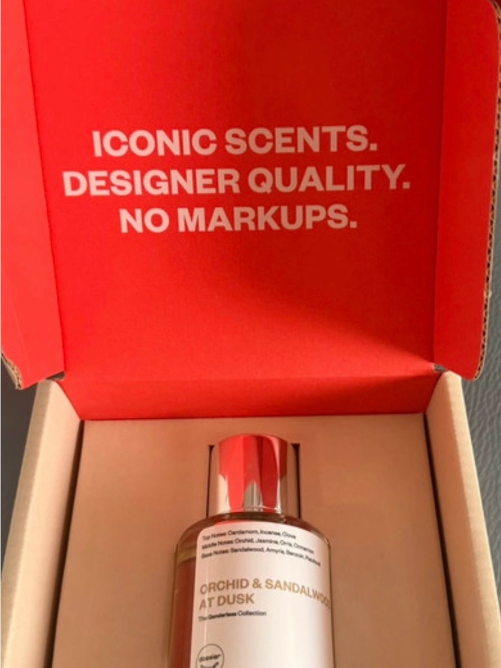 Orchid & Sandalwood at Dusk — Women's Fragrance in Red-Accented Bottle
